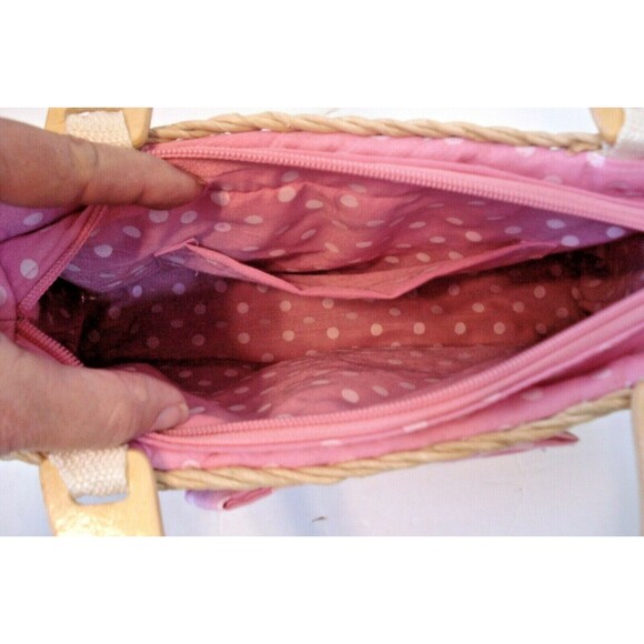 Raffia Straw Purse Vintage Pink Polka Dot Gingham Bow Handbag Wooden Handles - Picture 6 of 6